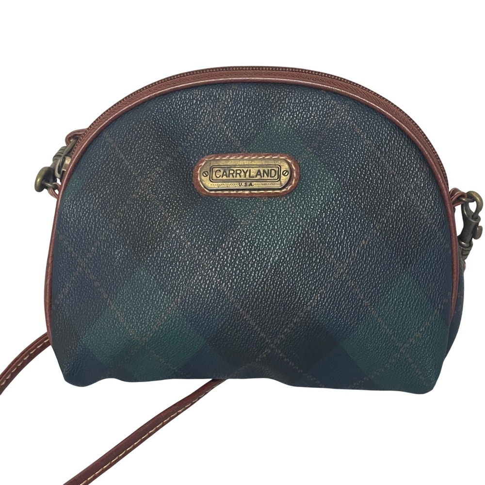 VTG Carryland Plaid Crossbody‎ Purse Green Navy Tartan Preppy Y2K Shoulder Bag